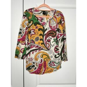 Lucky Brand Bold Paisley Print V Neck Casual Shirt 3/4 Sleeve Size L